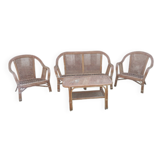Rattan lounge 1 bench 2 armchairs 1 vintage coffee table