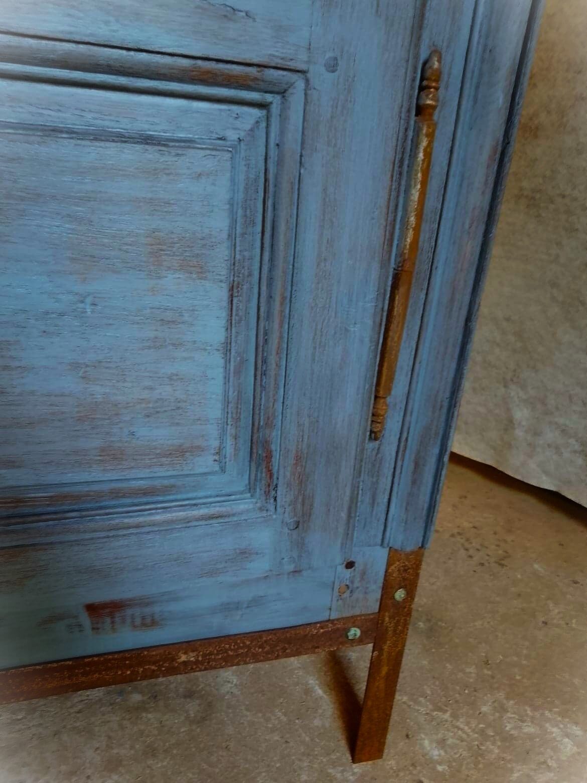 End 18th century wardrobe provençale all solid oak patinated blue by artisan cabinetmaker