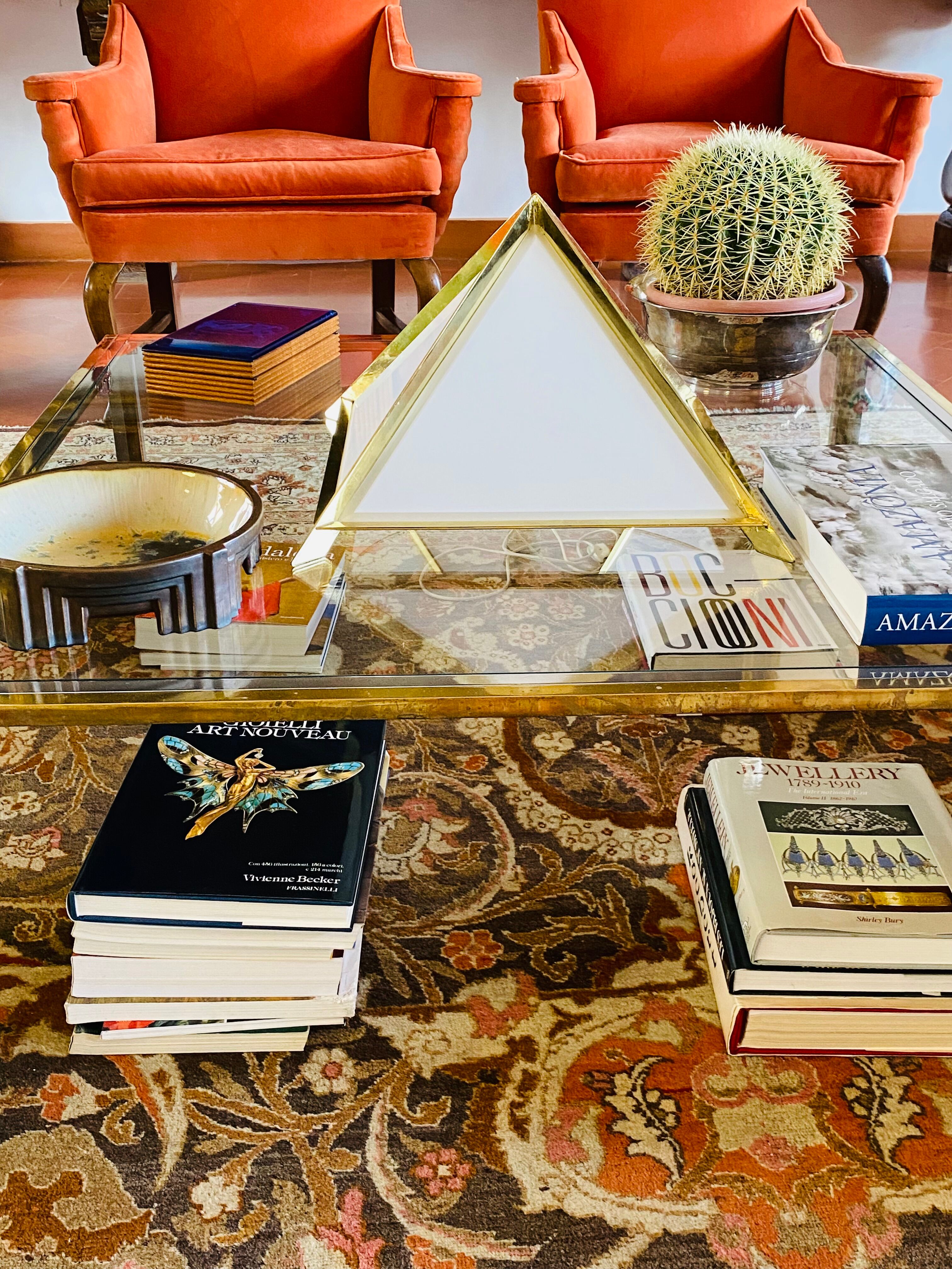 Golden brass Pyramidal table lamp, Christos, Italy 1970