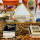 Golden brass Pyramidal table lamp, Christos, Italy 1970