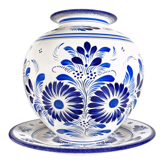 Globular vase and its saucer tray in Quimper earthenware, limited series, handmade