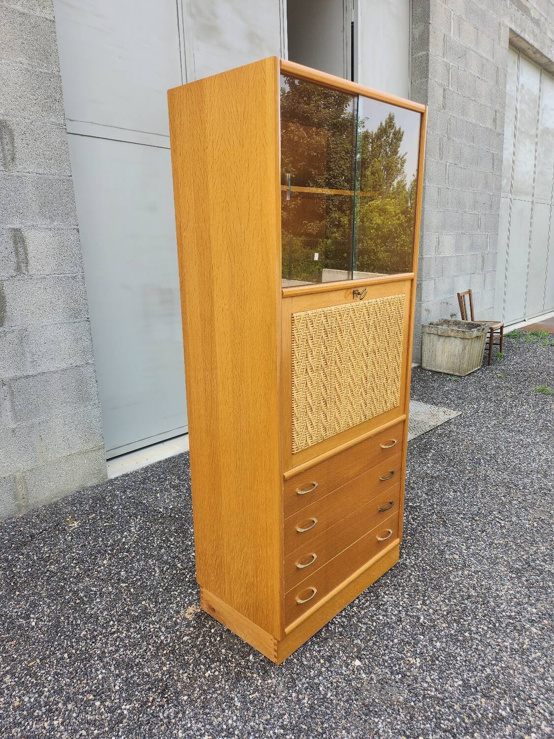 Old vintage rattan oak secretary desk bookcase
