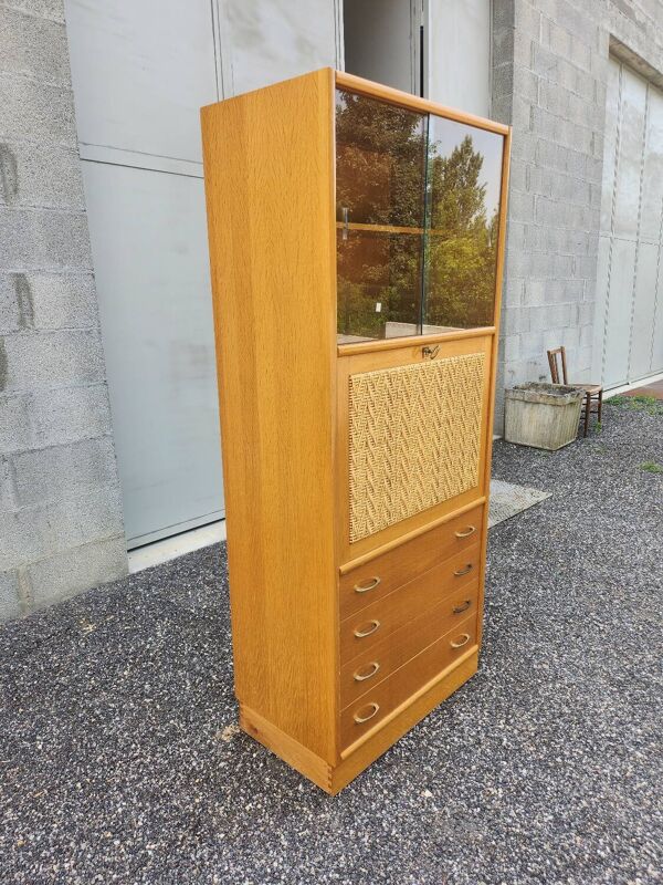 Secrétaire, bibliothèque vintage en rotin et chêne