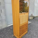 Secrétaire, bibliothèque vintage en rotin et chêne