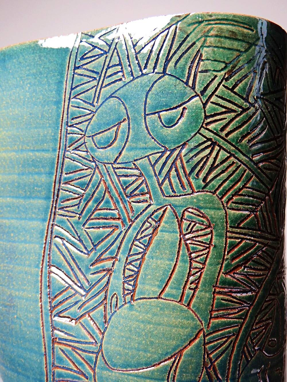 Vintage blue-green artisan pottery vase with incised tribal decoration Eseka Pottery.
