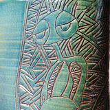 Vintage blue-green artisan pottery vase with incised tribal decoration Eseka Pottery.