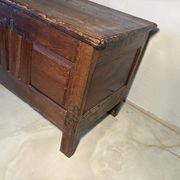 Rustic antique oak chest, original fittings and moulded panels.