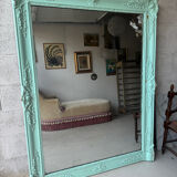 Large antique mercury mirror, patinated blue sculpted frame.