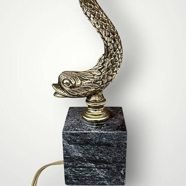 Vintage Fish Side Lamp - Grey Marble Base and Brass Fish
