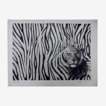 Tigre noir et blanc lithographie signée