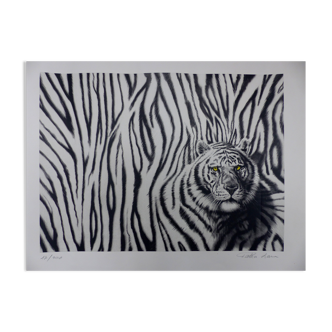 Tigre noir et blanc lithographie signée