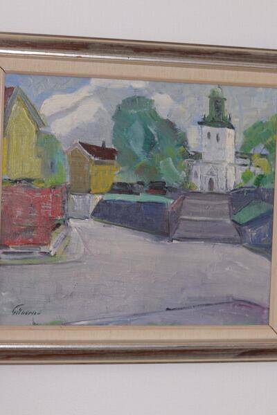 Original Swedish oil on canvas – “Church” by Stig Gilborne – vintage & framed – 67 × 52 cm (26.4" × 20.5")