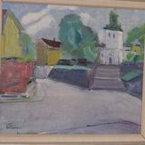 Original Swedish oil on canvas – “Church” by Stig Gilborne – vintage & framed – 67 × 52 cm (26.4" × 20.5")