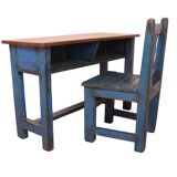 Antique Burmese teak school desk/chair set with original blue patina