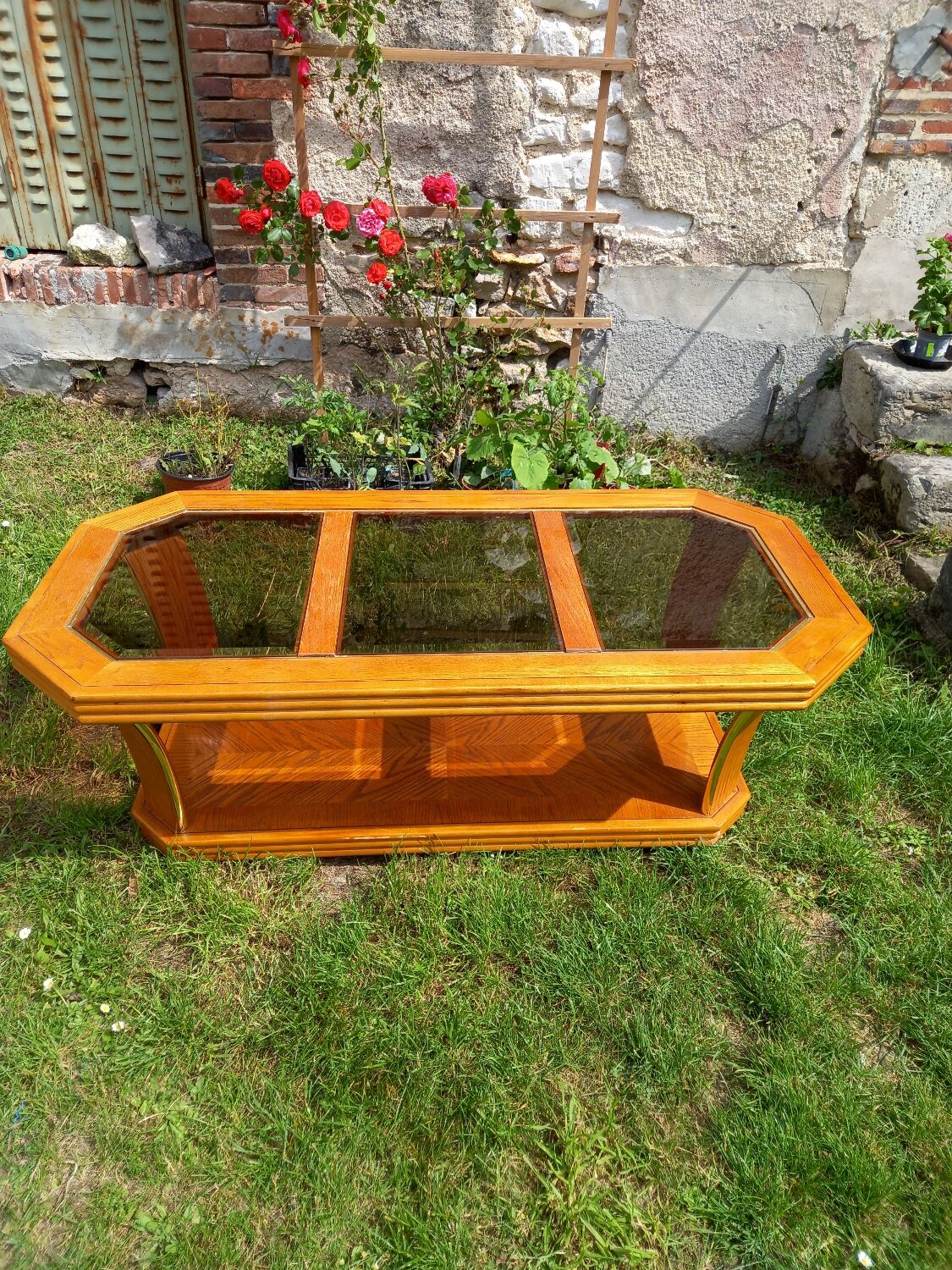 Vintage glass and wood coffee table