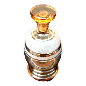 1950s liqueur coil decanter rimmed with gilding frosted glass / transparent pink glass