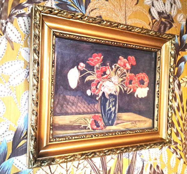 Peinture jack aquarelle nature morte france 1938 bouquet d'anémones