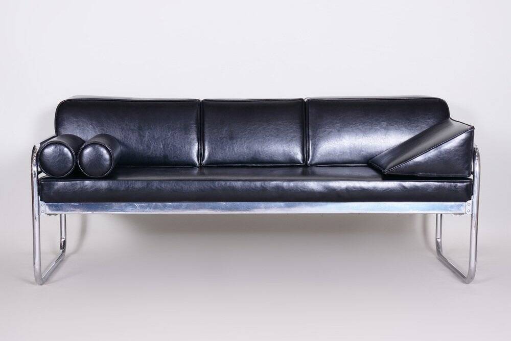 Sofa in Chrome-Plated Tubular Steel and Black Leather attributed to Hynek Gottwald, Former Czechoslovakia, 1930s