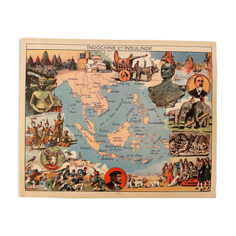 Old poster map of indochina and insulin of 1948 - jp pinchon