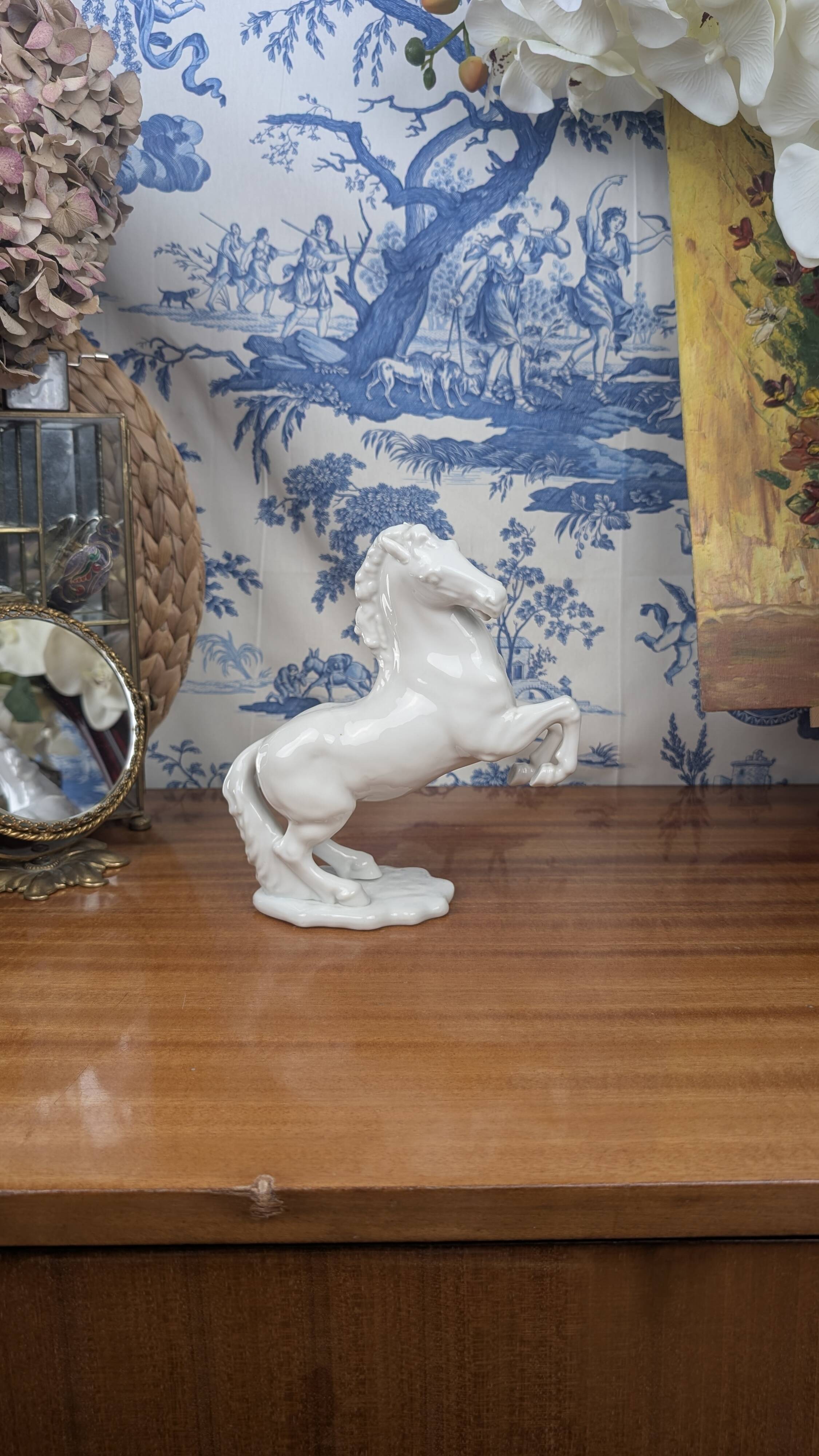 Figurine of a Slender Lipizzaner Horse in White Glazed Biscuit Porcelain