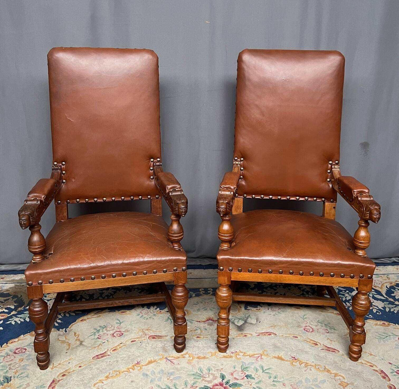 Pair of Renaissance armchairs. Carved solid oak. Holland. Late 19th century.
