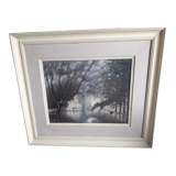 Tableau ancien à l'huile représentant un paysage avec un canal