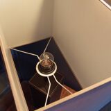 Tall cubic brown leather lamp, light gray fabric lampshade