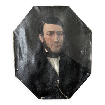 Tableau ancien huile sur toile octogonale portrait décoration campagne