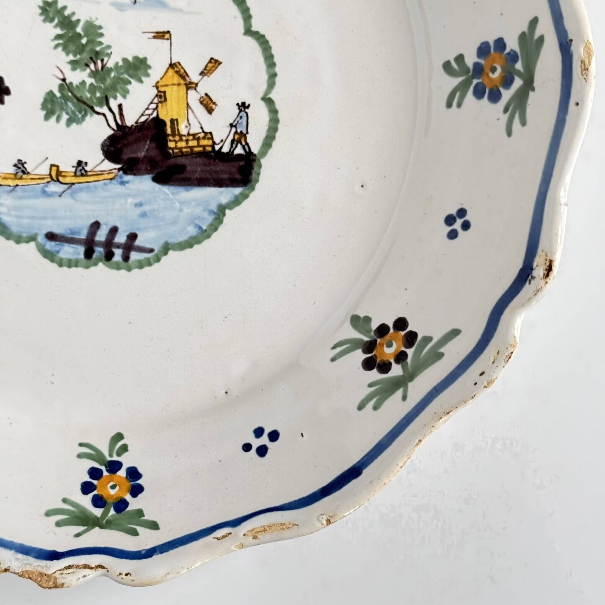 18th Century Nevers Earthenware Plate | Windmill and River