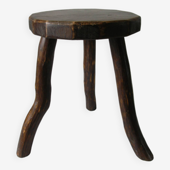Old brutalist tripod stool in carved wood, Norman farm room decor