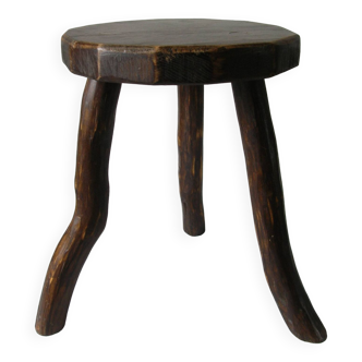 Old brutalist tripod stool in carved wood, Norman farm room decor