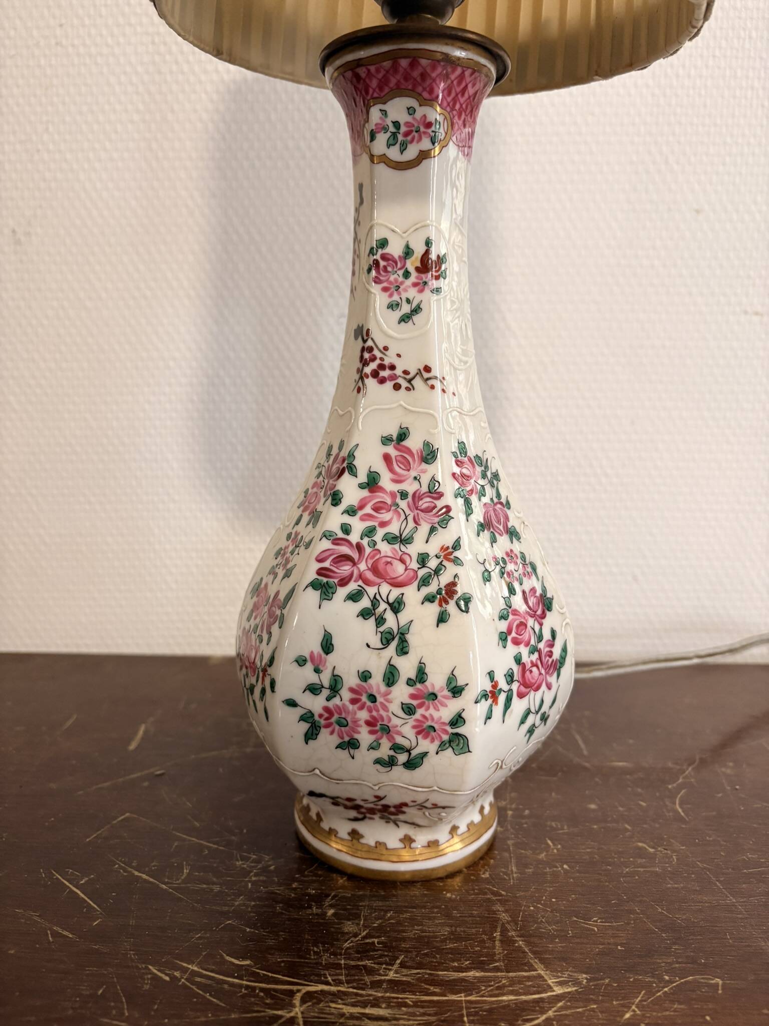 Ancien Lampe Porcelaine Craquelée Satsuma Japon Balustre Meiji Fleurs