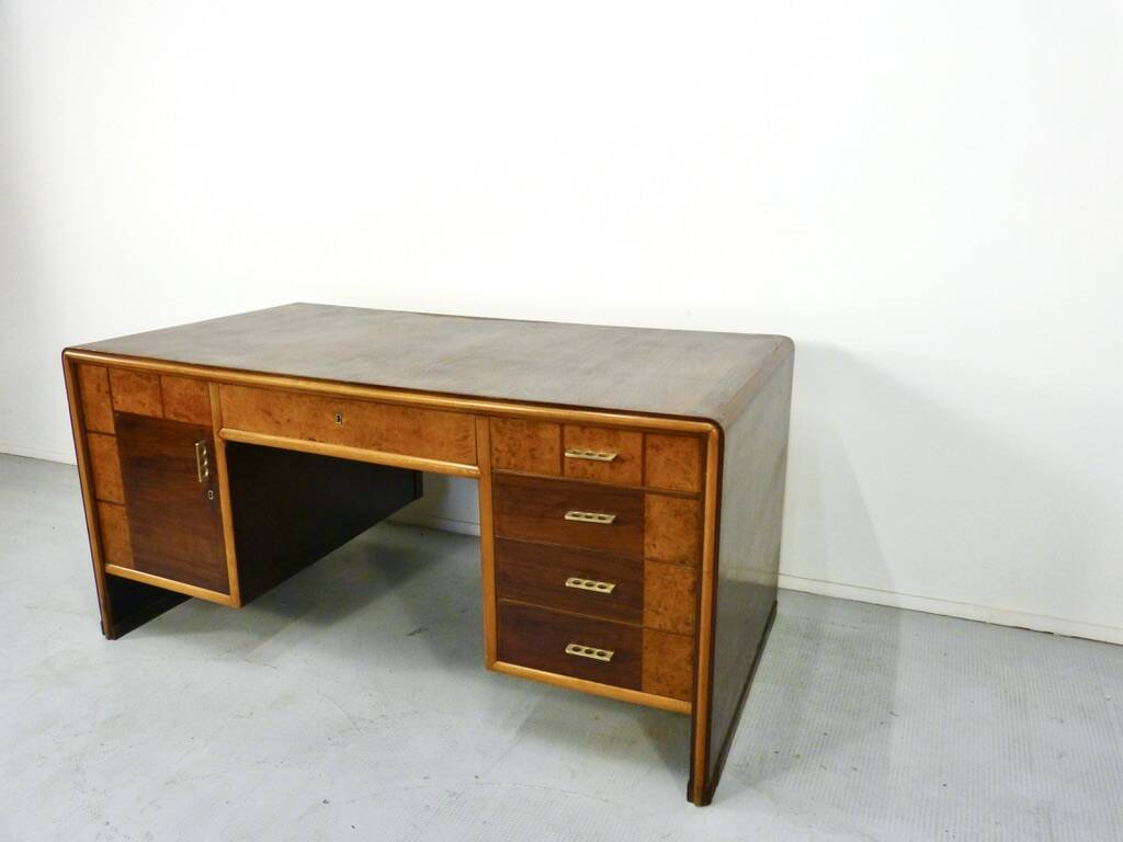 Italian Art Deco Desk In Dark Walnut And Brass.