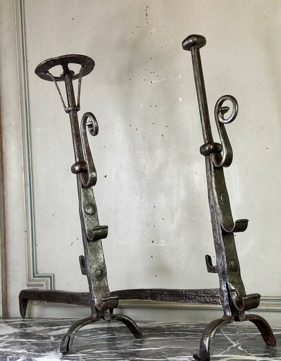 Pair of wrought iron candlesticks, 18th century