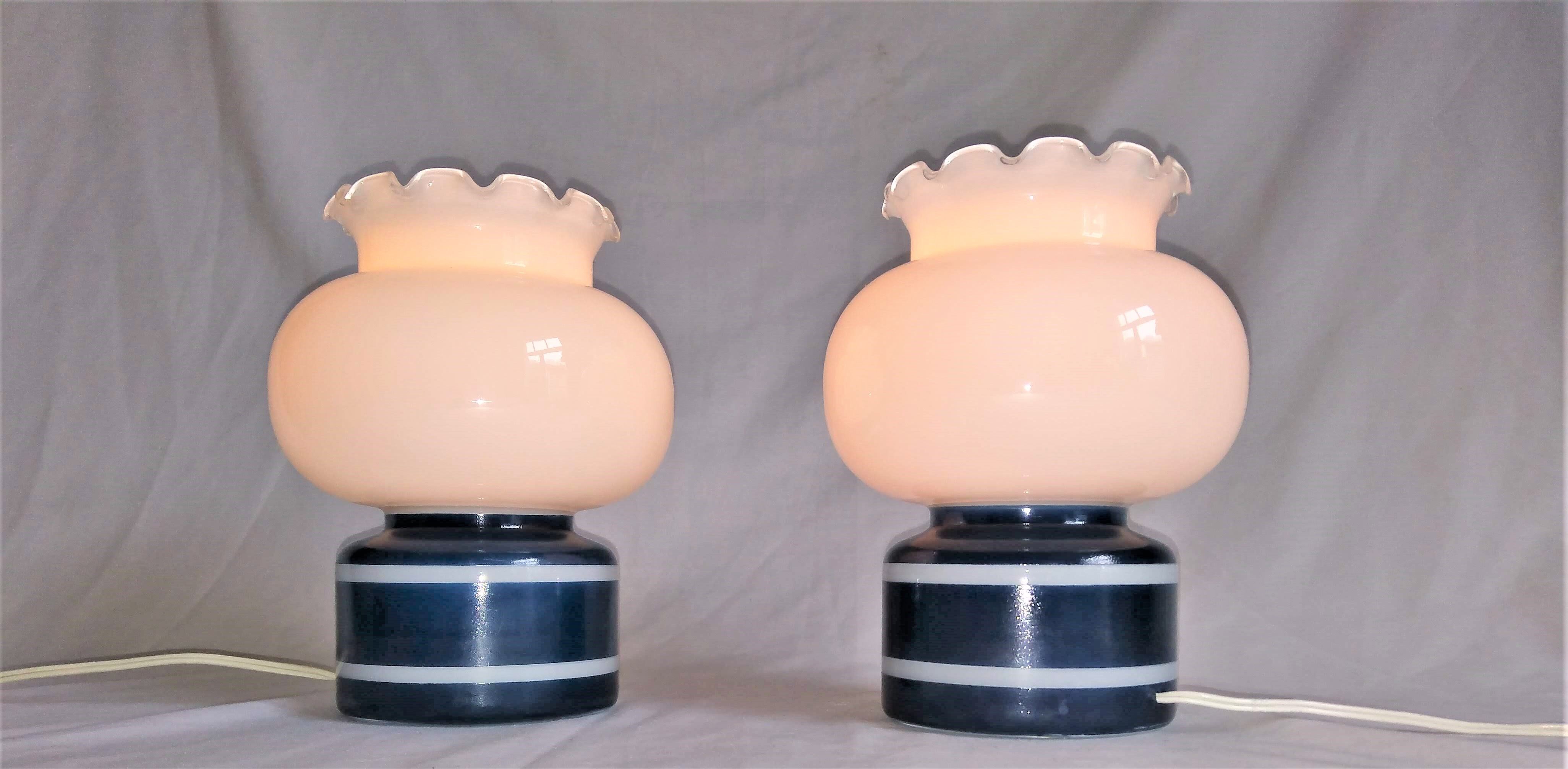 Pair of duck blue and white opaline lamps