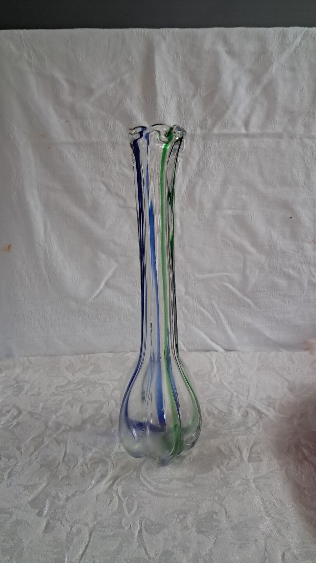 Vintage Murano glass filigree soliflore vase in blue and green.