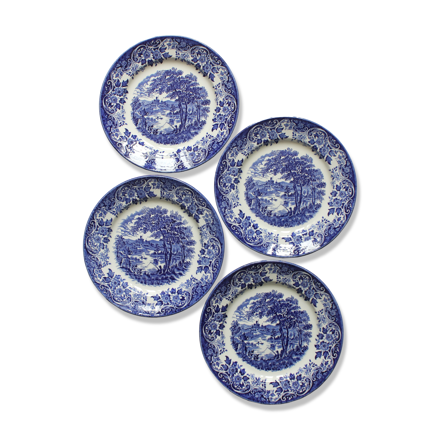 4 plates in vintage English earthenware Ironstone Broadhurst Staffordshire "The English Scene"