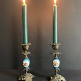 Pair of Napoleon III candlesticks in bronze and floral porcelain