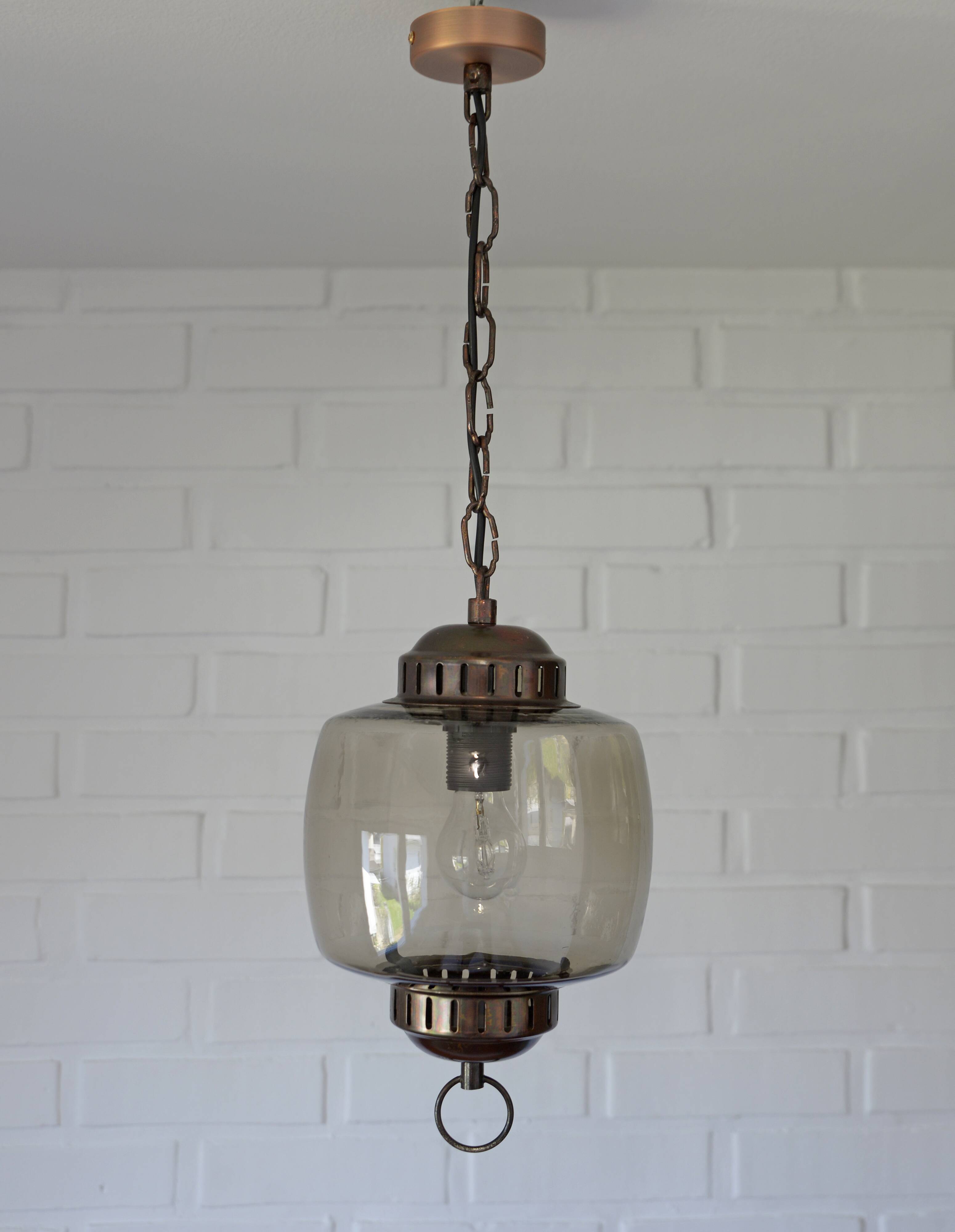 Vintage Copper Pendant Light Amber Glass Mid Century Modern Ceiling Lanter