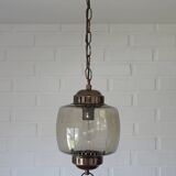 Vintage Copper Pendant Light Amber Glass Mid Century Modern Ceiling Lanter