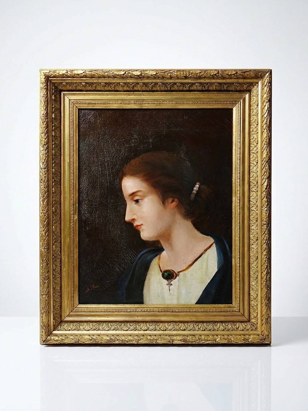 Old portrait of a young woman in profile, oil on canvas A. Piard 19th century