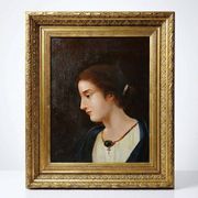Old portrait of a young woman in profile, oil on canvas A. Piard 19th century