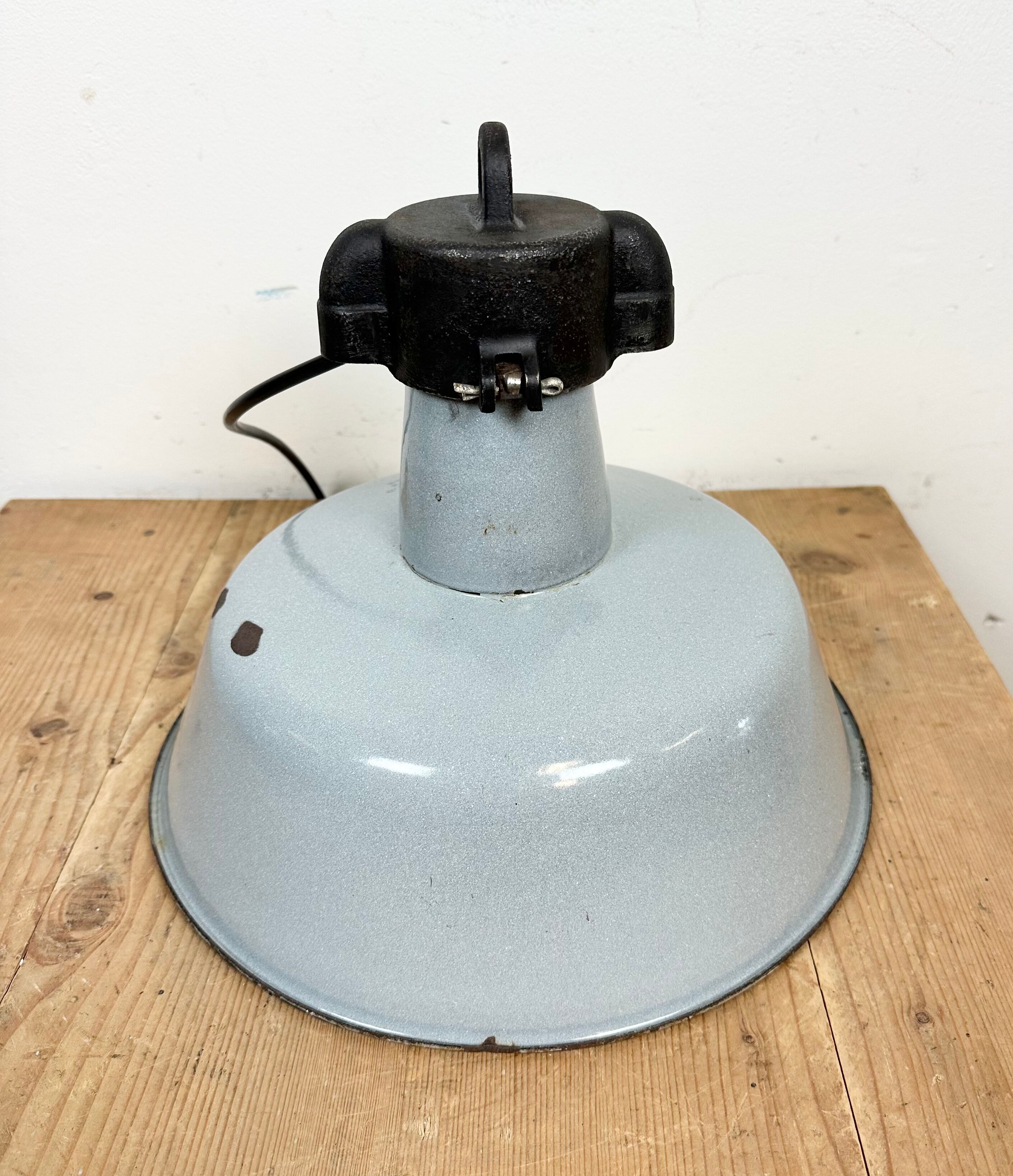 Industrial Grey Enamel Factory Lamp with Cast Iron Top, 1960s
