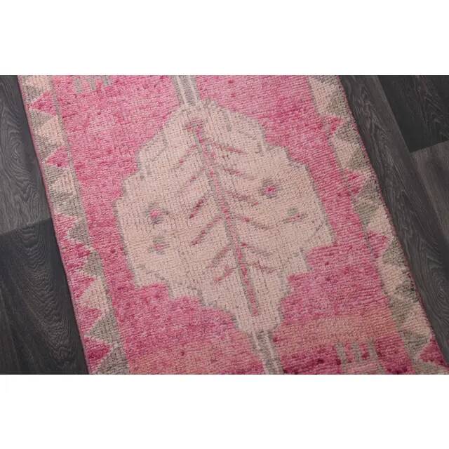 1970s Vintage Turkish Hand-Knotted Wool Cotton Pink Runner Rug 90x303