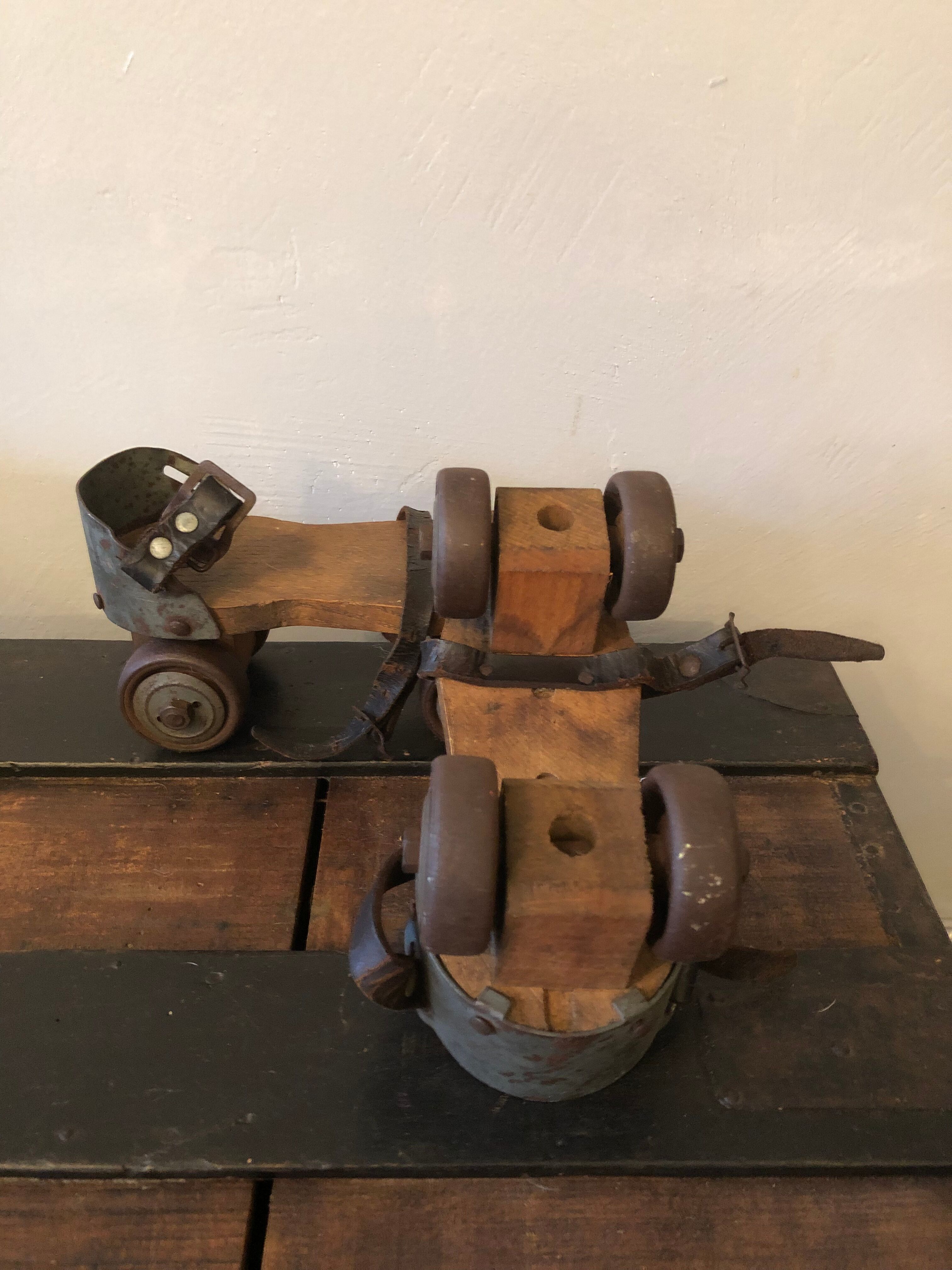 Wooden and metal roller skates