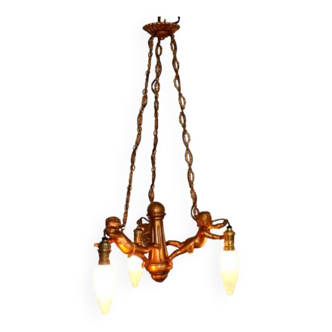 French vintage antique gold colour spelter 3 light putti cherub chandelier 4304