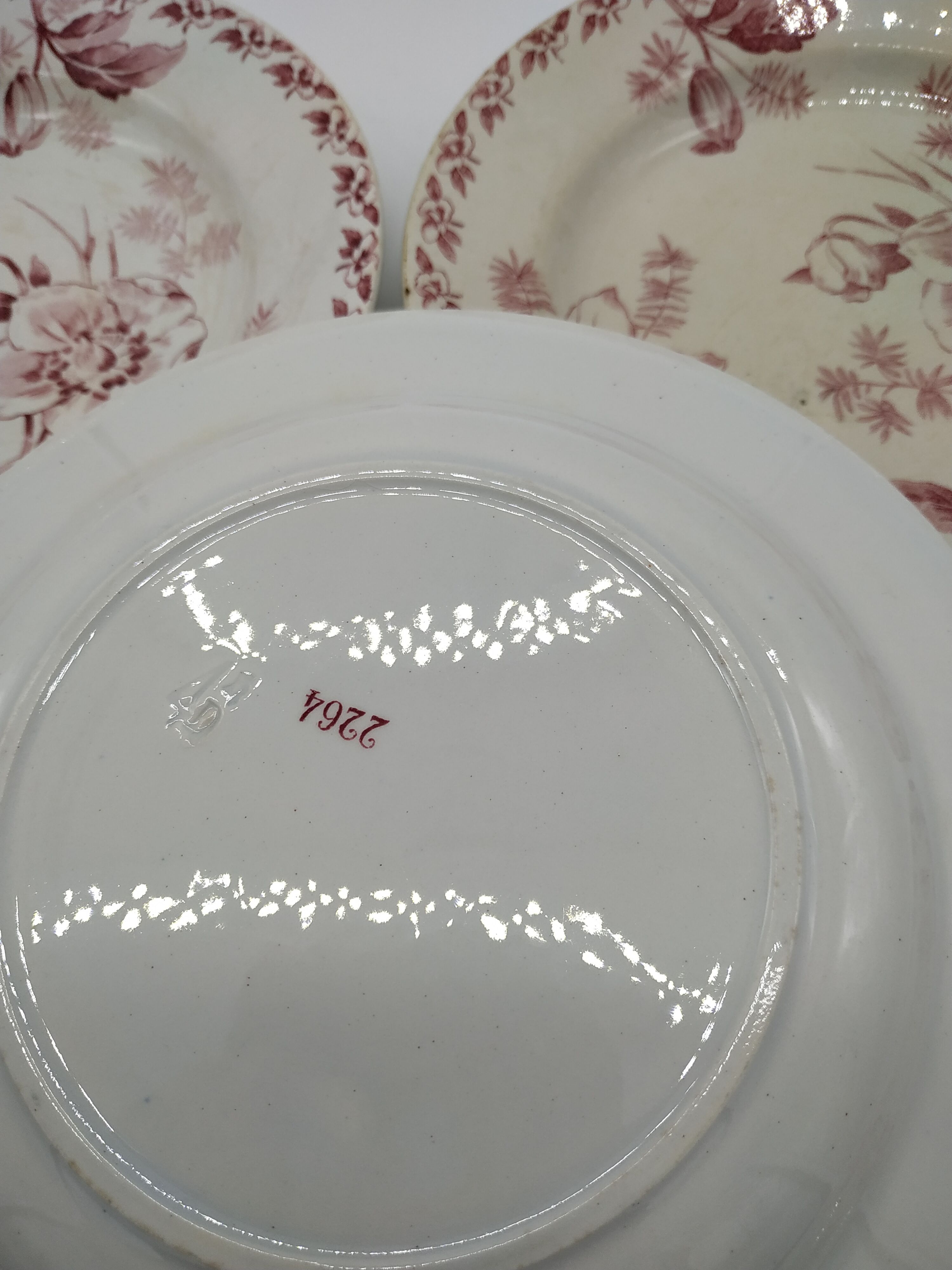 Set of 5 vintage flat plates decorated with pink flowers