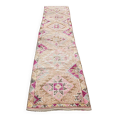 Fuchsia & Pink Vintage Runner Rug,Anatolian Geometric Wool Carpet,80x364 Cm