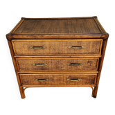 Commode vintage en rotin et osier tressé – 3 tiroirs / Style Boho & Chabby