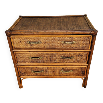 Vintage rattan and woven wicker chest of drawers – 3 drawers / Boho & Shabby style